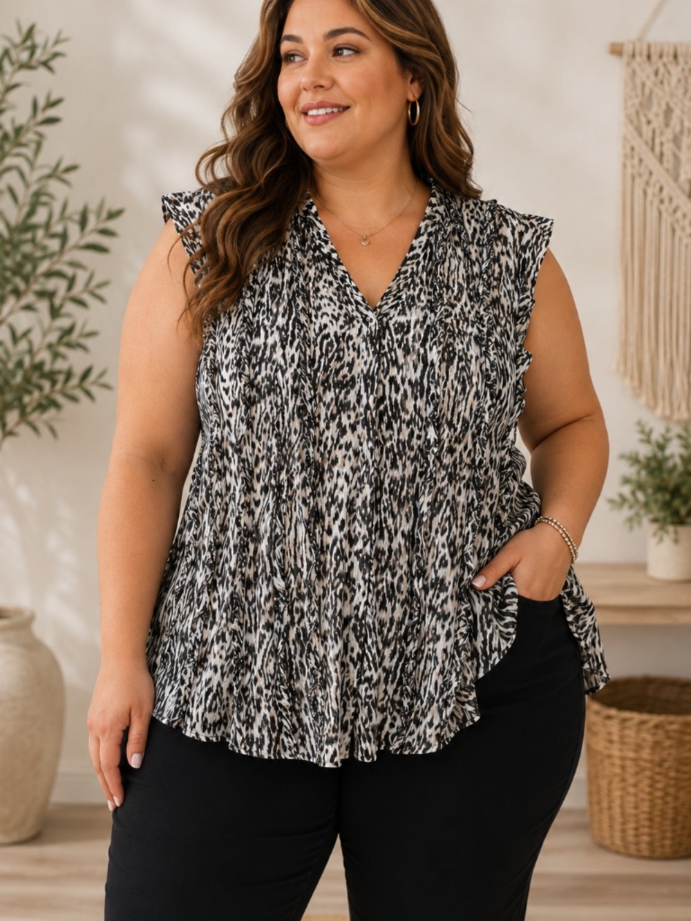 Carole Little Woman 2X Animal Print Ruffle Sleeveless Blouse Sheer Top